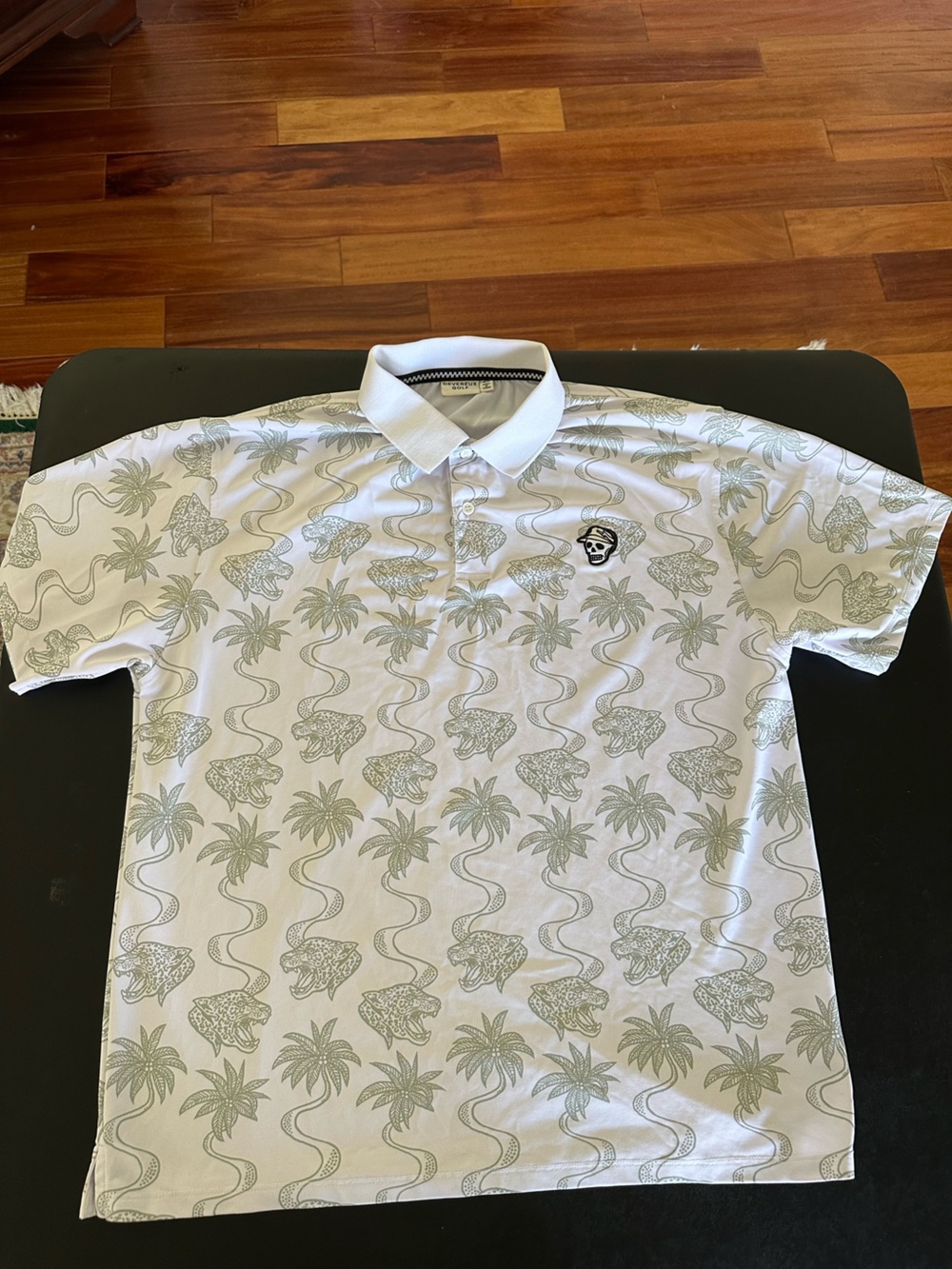 Devereux Golf Men's White Polo Shirt with Sage Palm Print Size Large